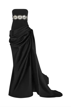 BLACK MAXI DRESS WITH HAND EMBROIDERED WHITE BEADS ON MID-WAIST