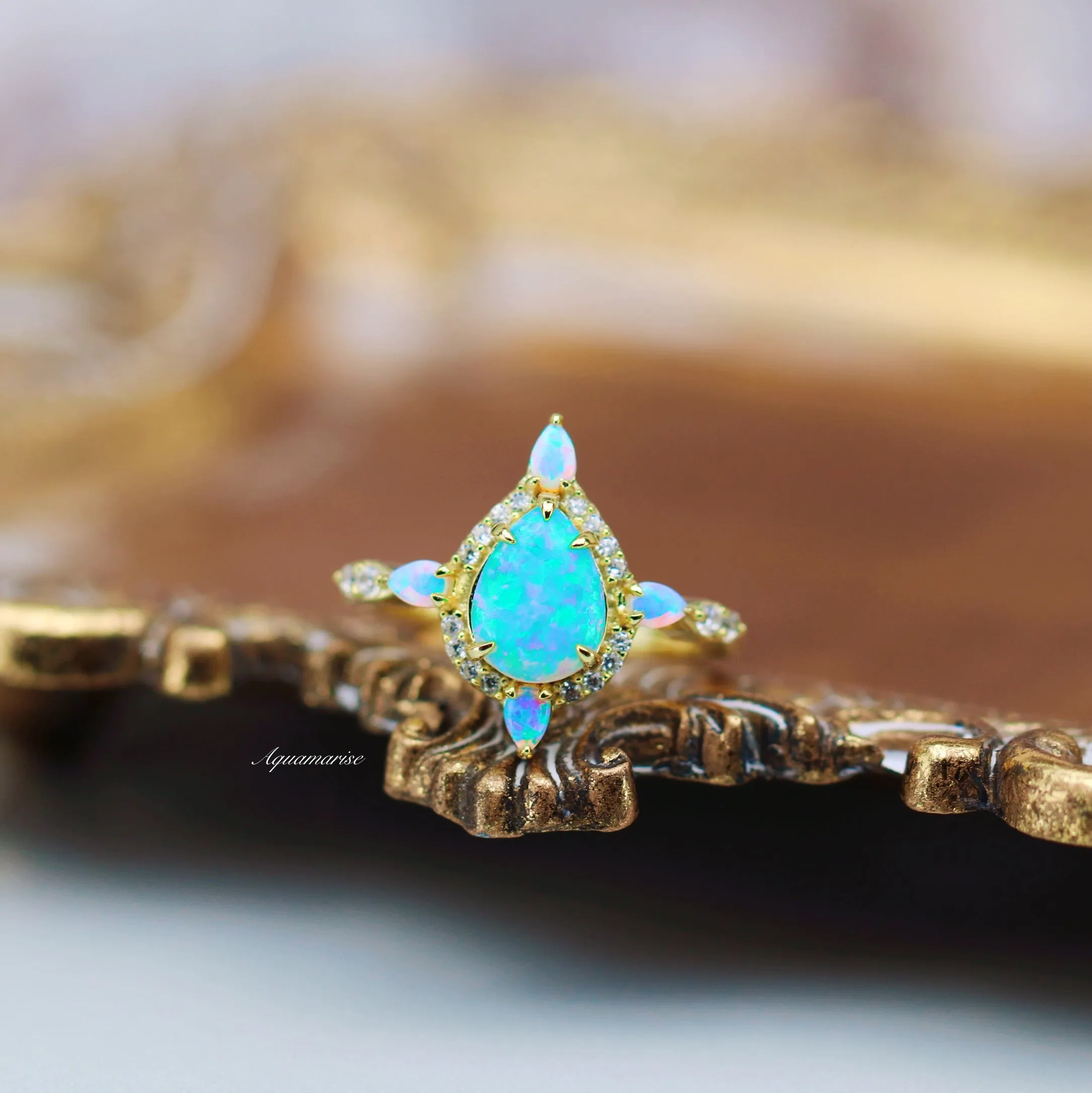 Blue Fire Opal Engagement Ring- 14K Yellow Gold Vermeil