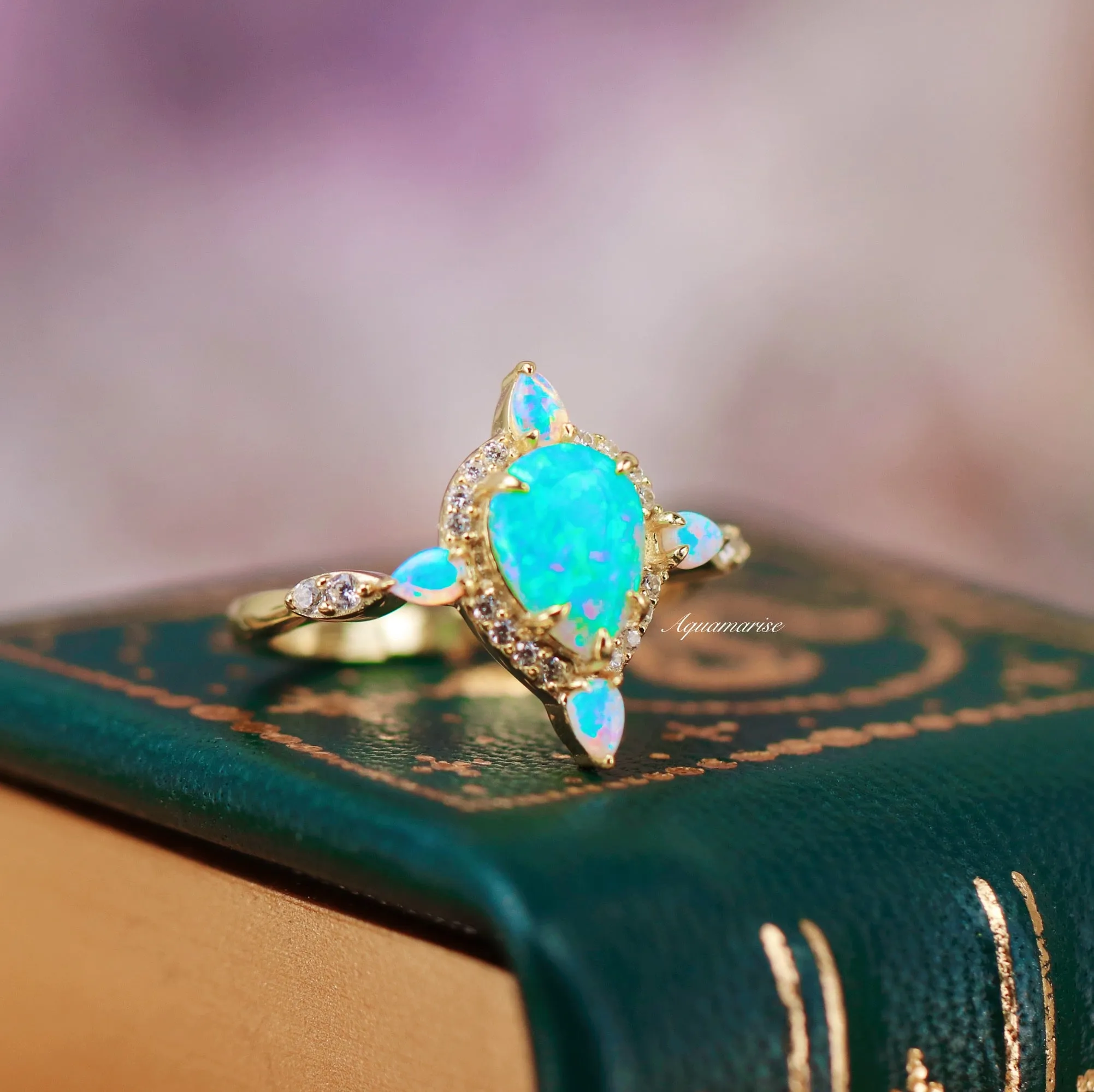 Blue Fire Opal Engagement Ring- 14K Yellow Gold Vermeil