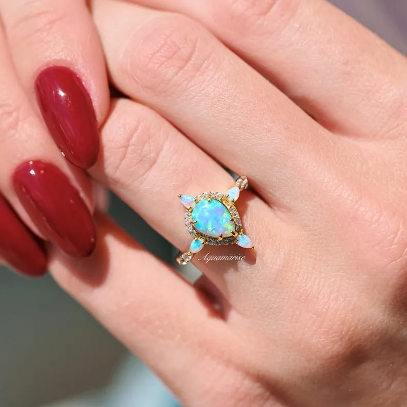 Blue Fire Opal Engagement Ring- 14K Yellow Gold Vermeil