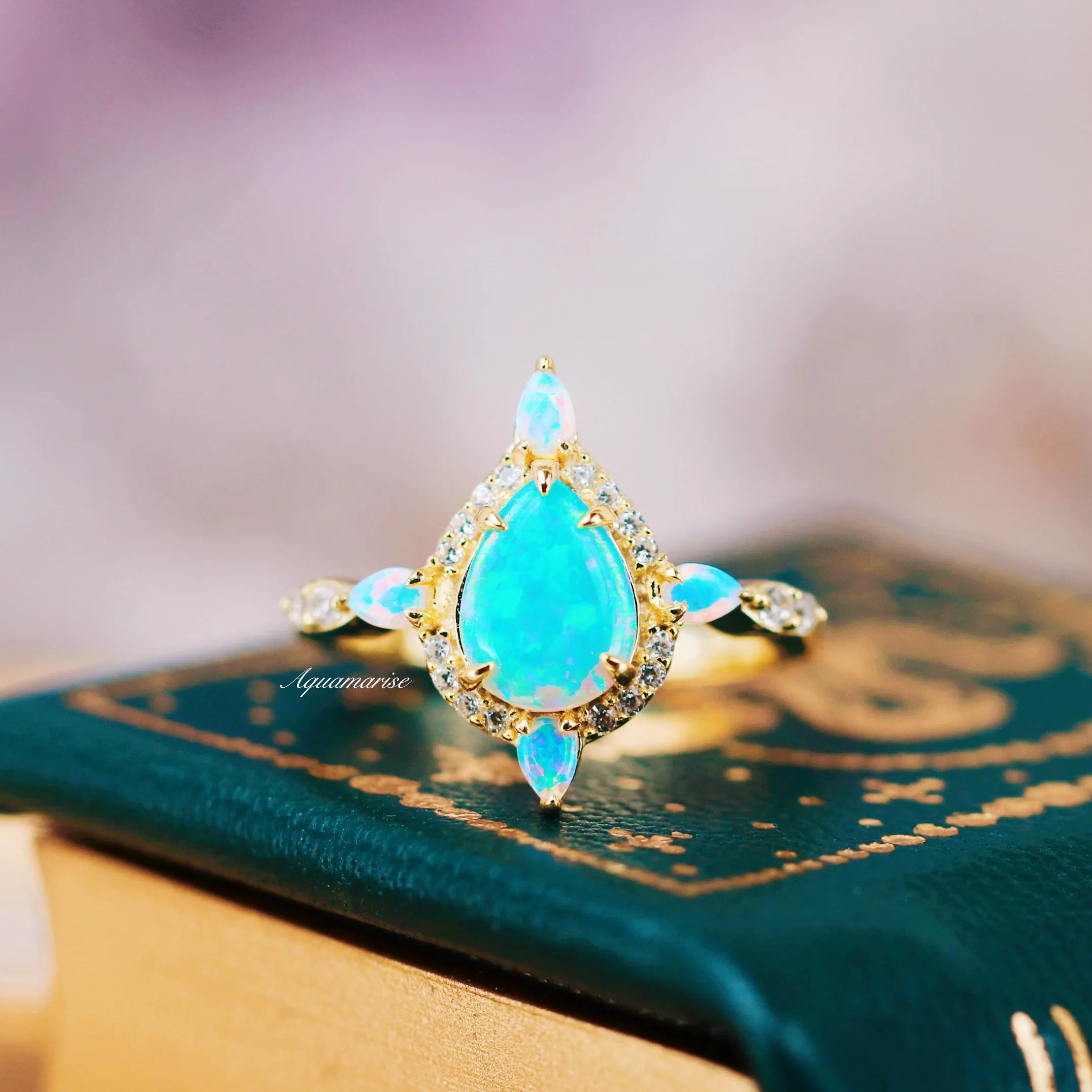 Blue Fire Opal Engagement Ring- 14K Yellow Gold Vermeil