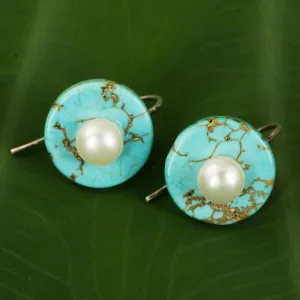 Bohemian Moon Turquoise Color Calcite Earrings with Cultured Pearls