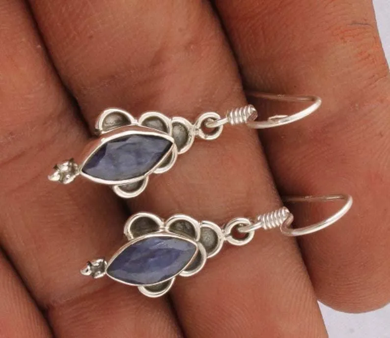 Boho Amazing Blue Sapphire Gemstone 925 Sterling Silver Earring,Handmade Antique Silver Jewelry,Gift For Him