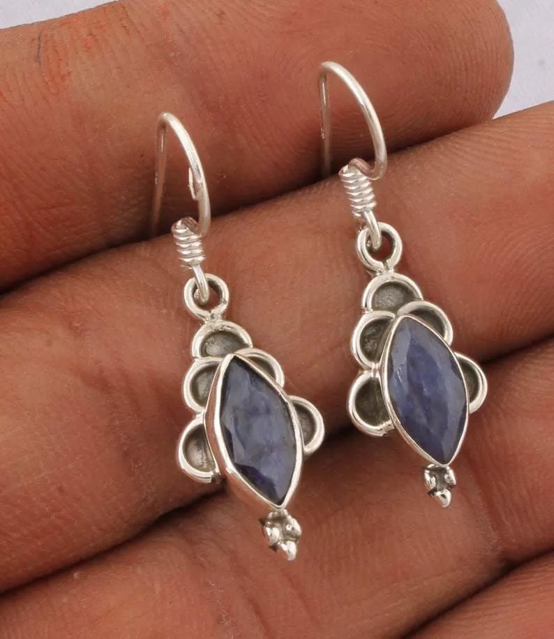 Boho Amazing Blue Sapphire Gemstone 925 Sterling Silver Earring,Handmade Antique Silver Jewelry,Gift For Him