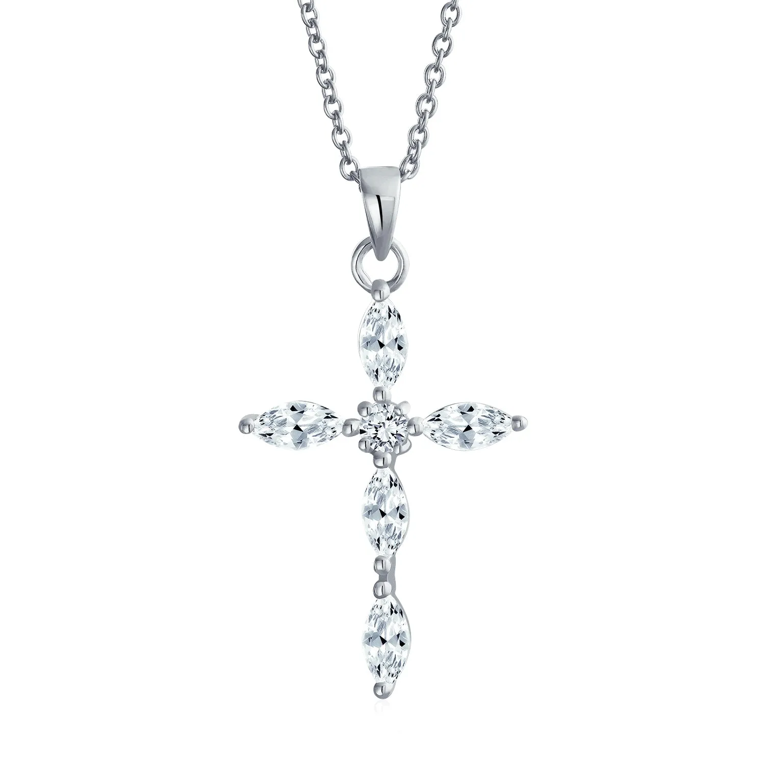 Bridal Necklace Marquise Cubic Zirconia Cross Pendant in Sterling Silver