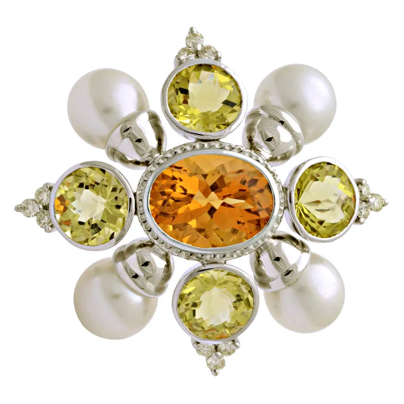 Brooch-Citrine, Lemon Quartz, South Sea Pearl and Diamond