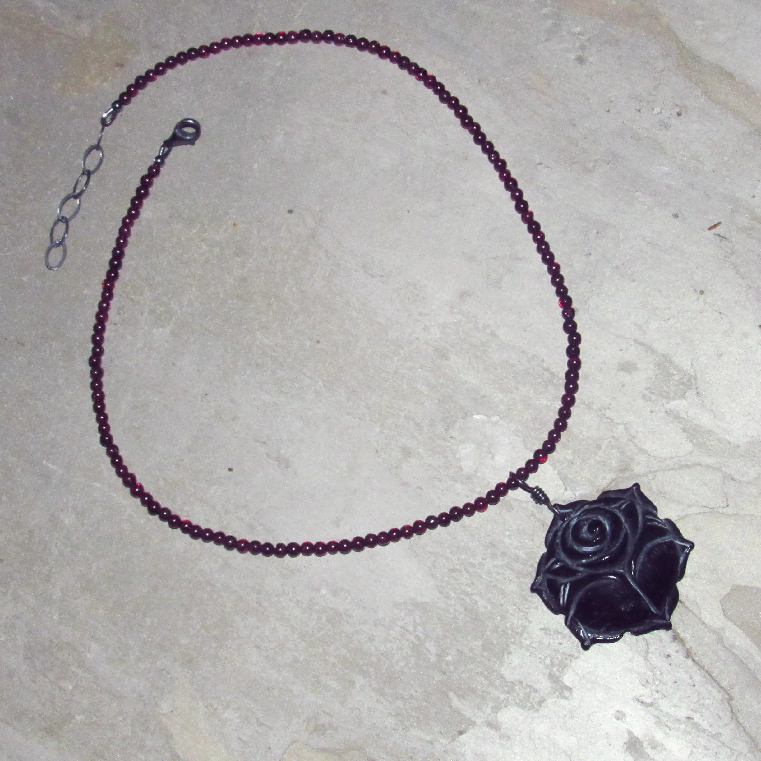 Carved Black Jade Rose Pendant hand wrapped beaded Garnet Gemstone Necklace