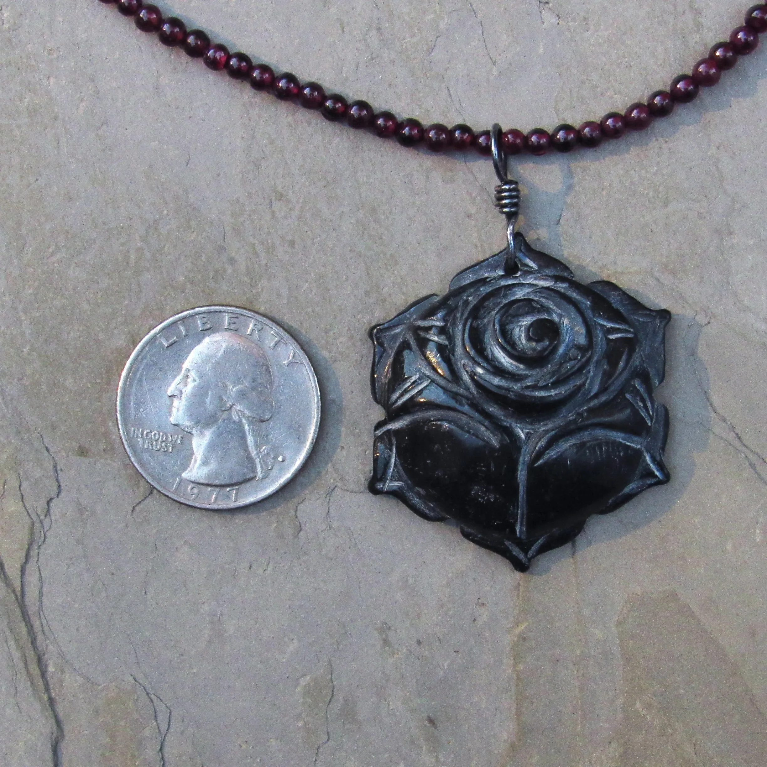 Carved Black Jade Rose Pendant hand wrapped beaded Garnet Gemstone Necklace