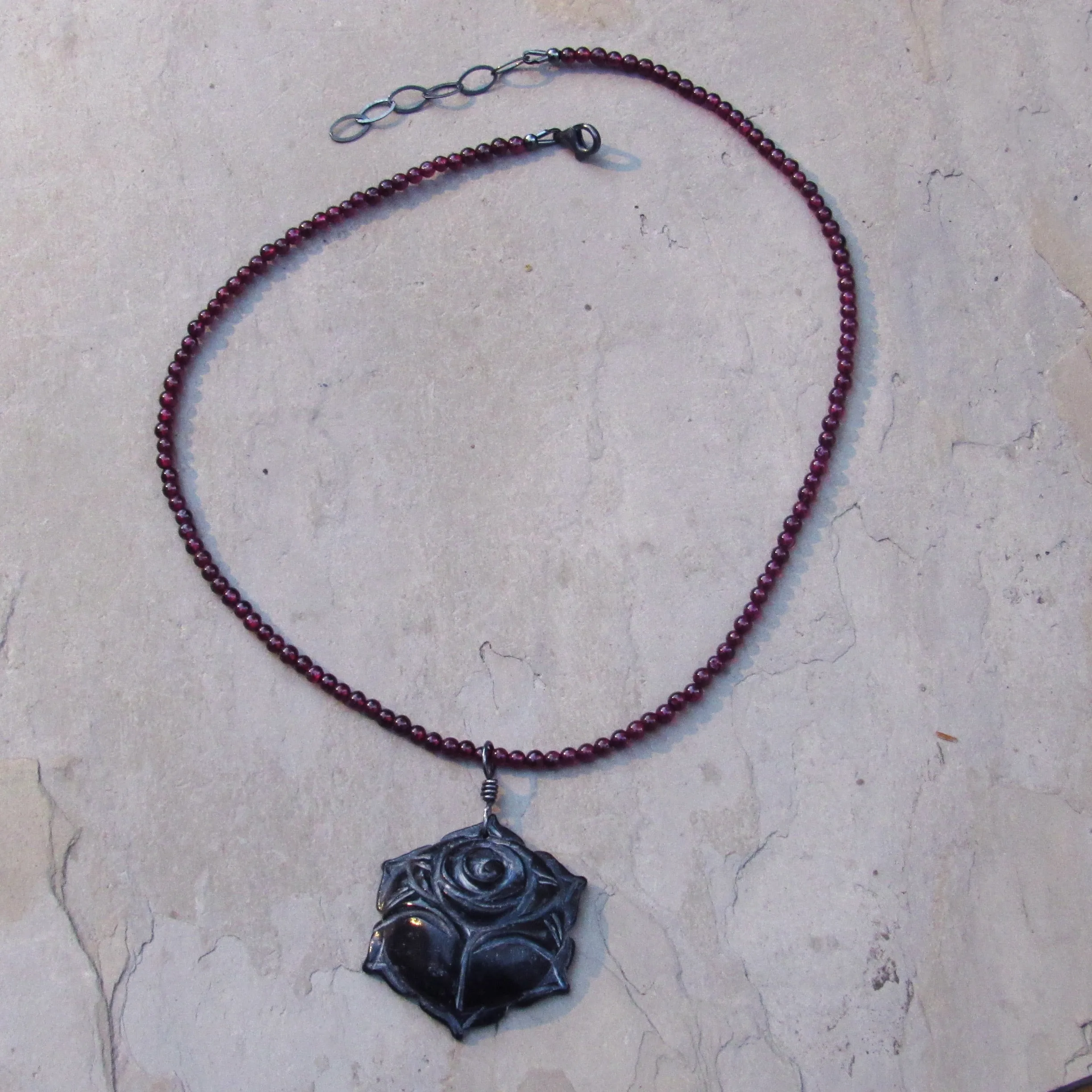 Carved Black Jade Rose Pendant hand wrapped beaded Garnet Gemstone Necklace