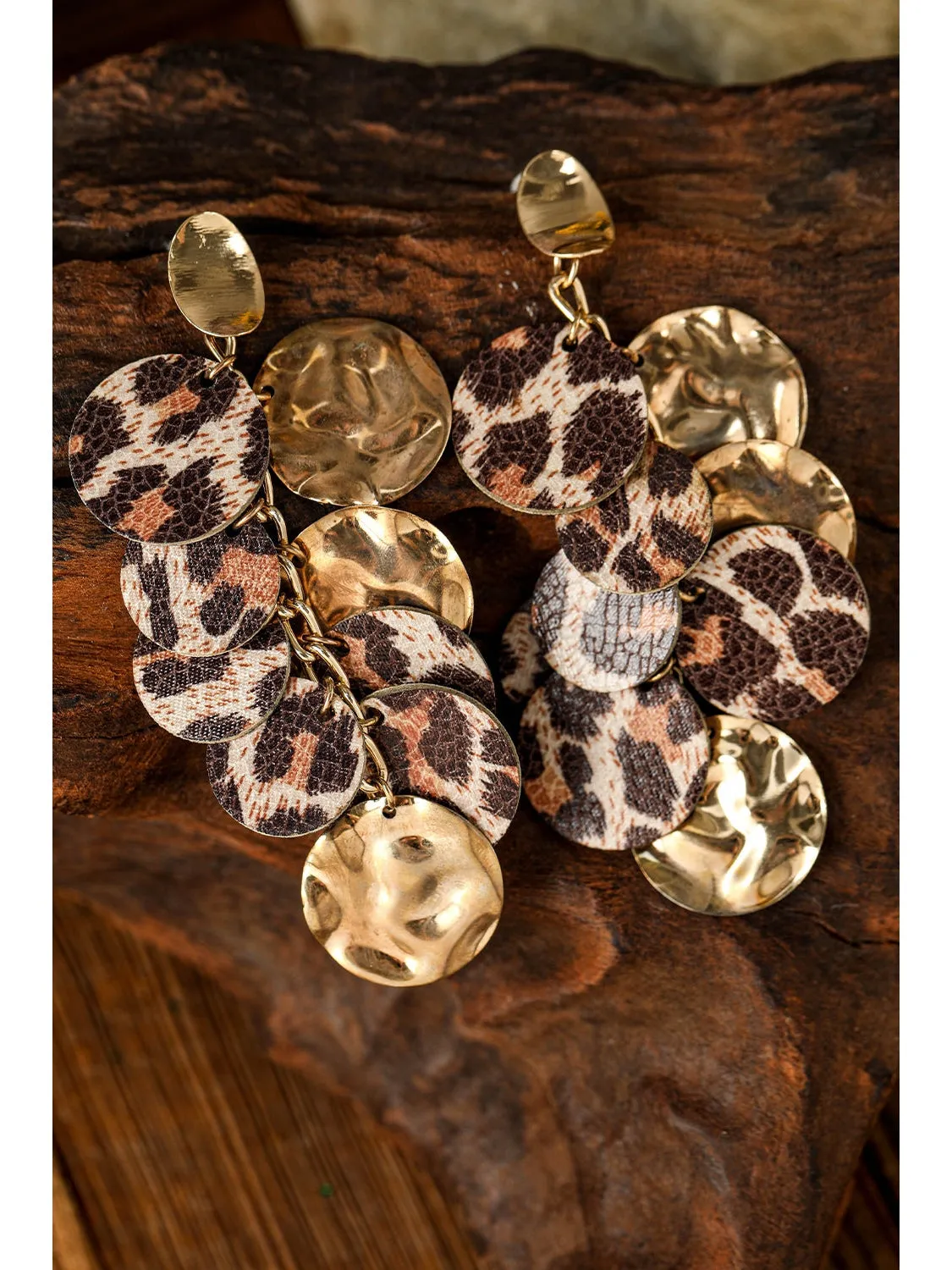 Chestnut Leopard Alloy Disc Stud Dangle Earrings