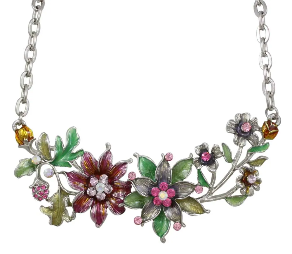 Colorful Enamel and Crystal Flower Garden Chain Necklace - RSN690