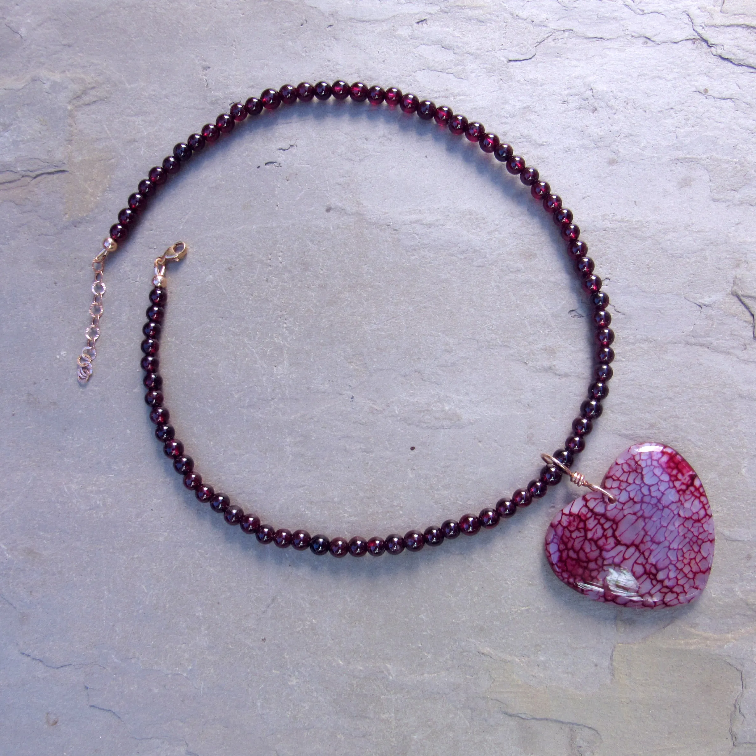 Dragon’s Vein Agate Gemstone Heart Pendant Wrapped on 14 Kt Rose GF on Beaded Garnet Necklace