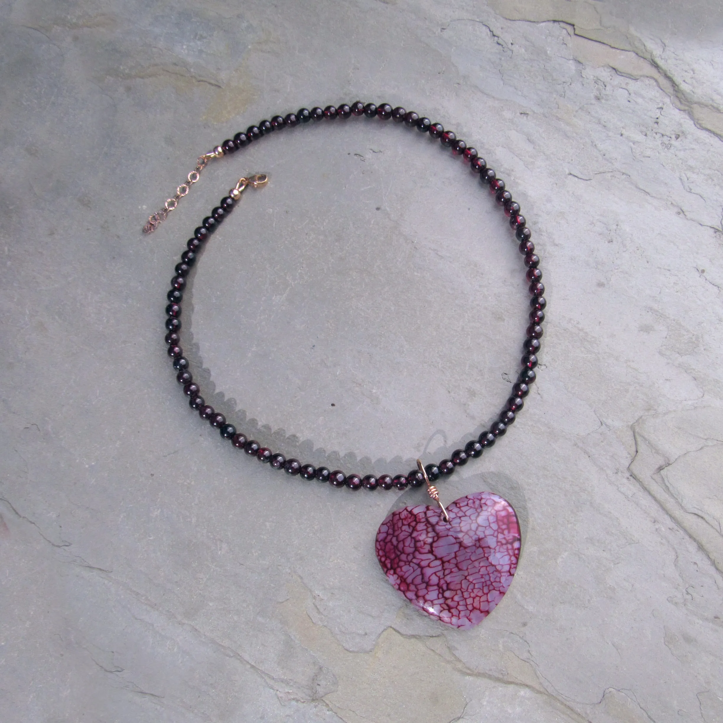 Dragon’s Vein Agate Gemstone Heart Pendant Wrapped on 14 Kt Rose GF on Beaded Garnet Necklace