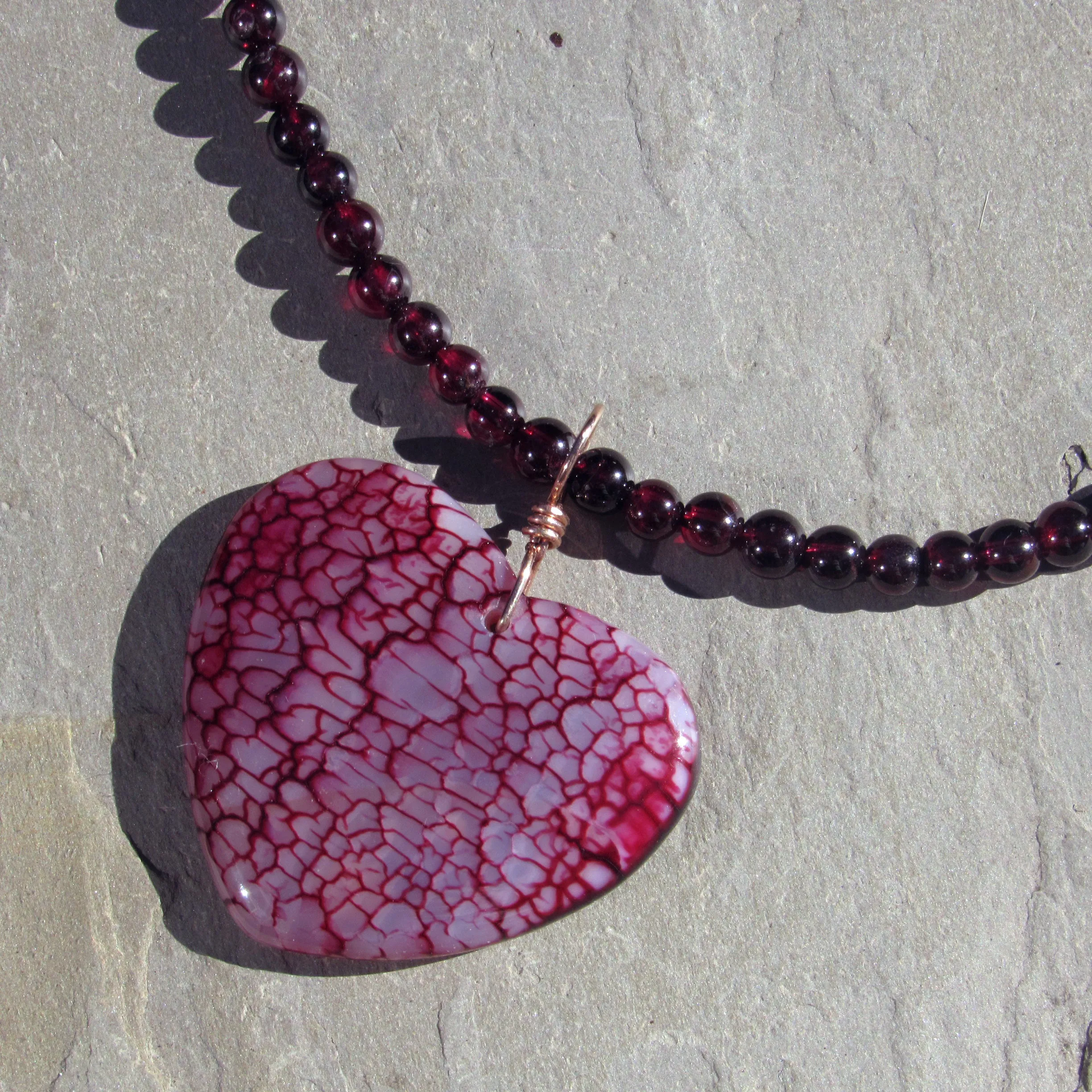 Dragon’s Vein Agate Gemstone Heart Pendant Wrapped on 14 Kt Rose GF on Beaded Garnet Necklace