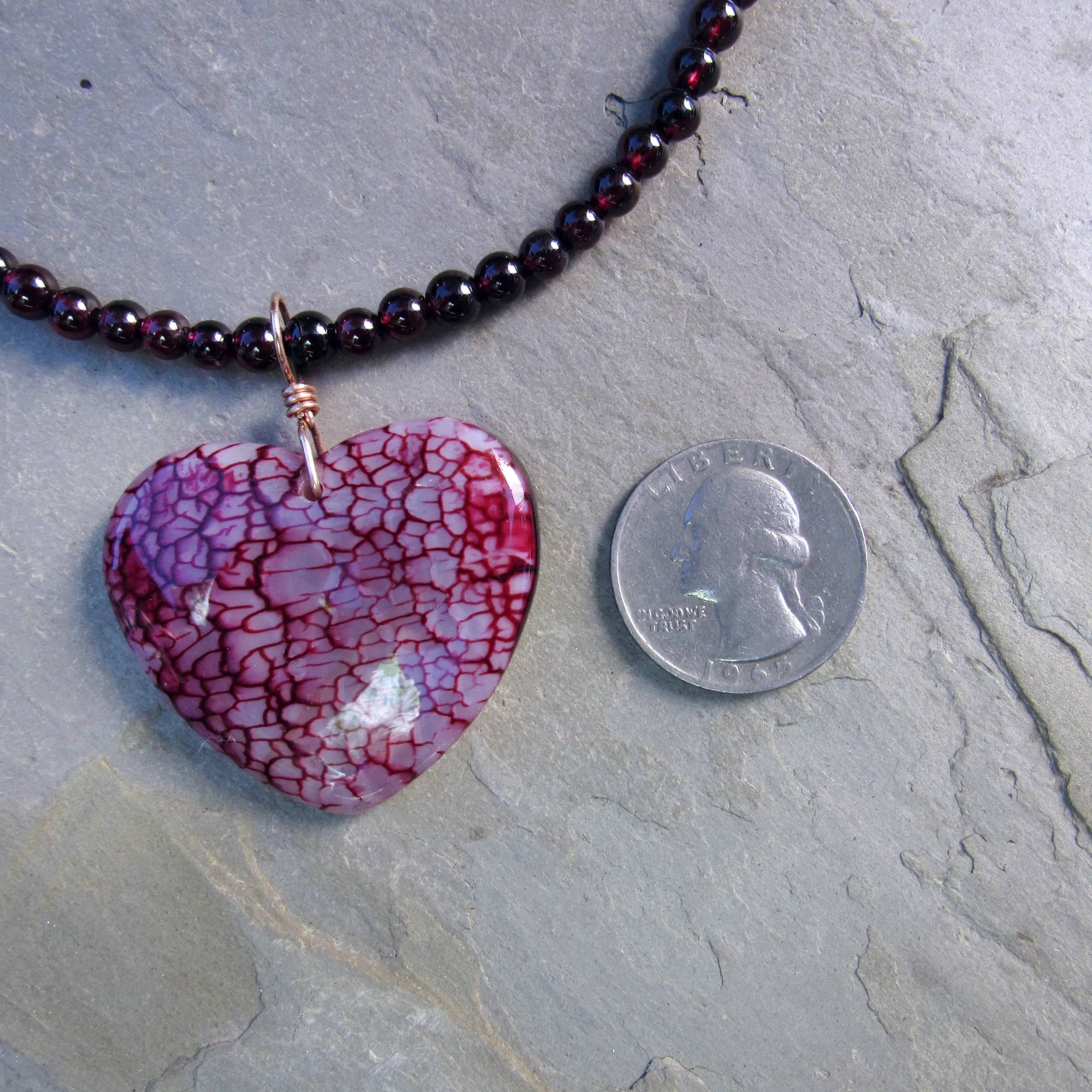 Dragon’s Vein Agate Gemstone Heart Pendant Wrapped on 14 Kt Rose GF on Beaded Garnet Necklace