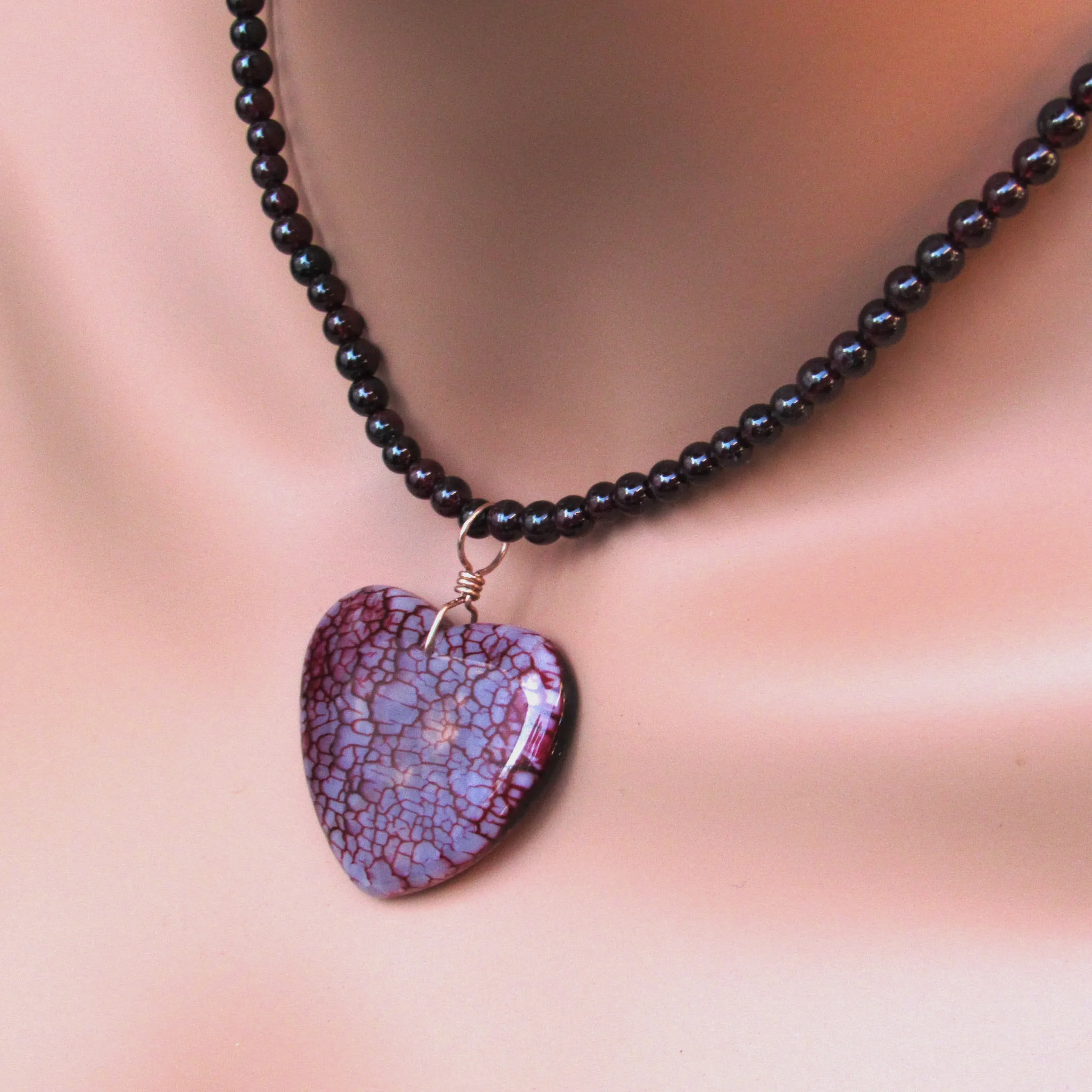 Dragon’s Vein Agate Gemstone Heart Pendant Wrapped on 14 Kt Rose GF on Beaded Garnet Necklace