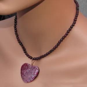 Dragon’s Vein Agate Gemstone Heart Pendant Wrapped on 14 Kt Rose GF on Beaded Garnet Necklace