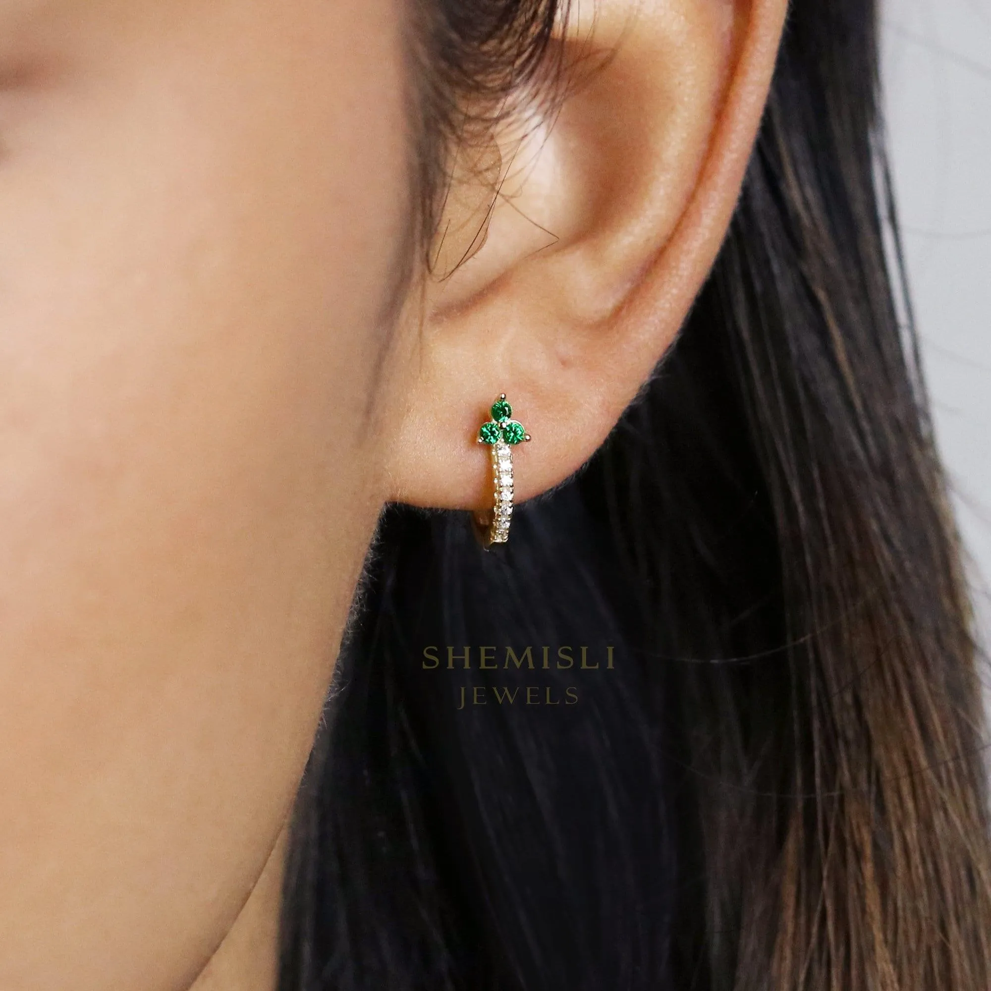 Emerald Clover Flower Hoop Earrings, Gold, Silver SHEMISLI - SH211