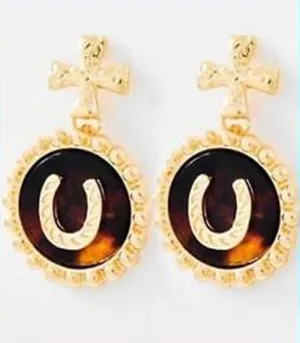 Faux Tortoiseshell Horse Shoe Equestrian Earrings