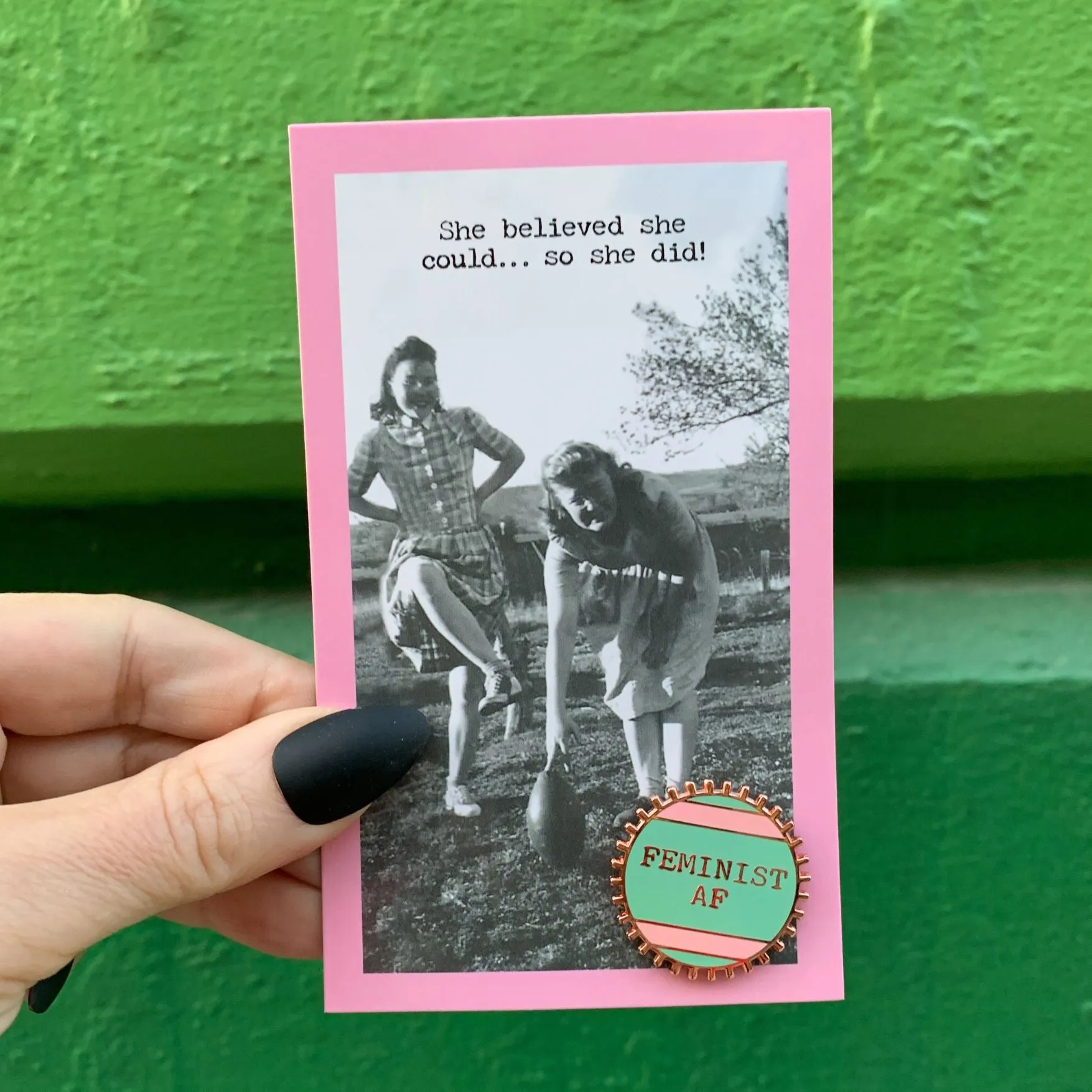 Feminist AF Pink and Green Stripes Enamel Pin on Gift Card