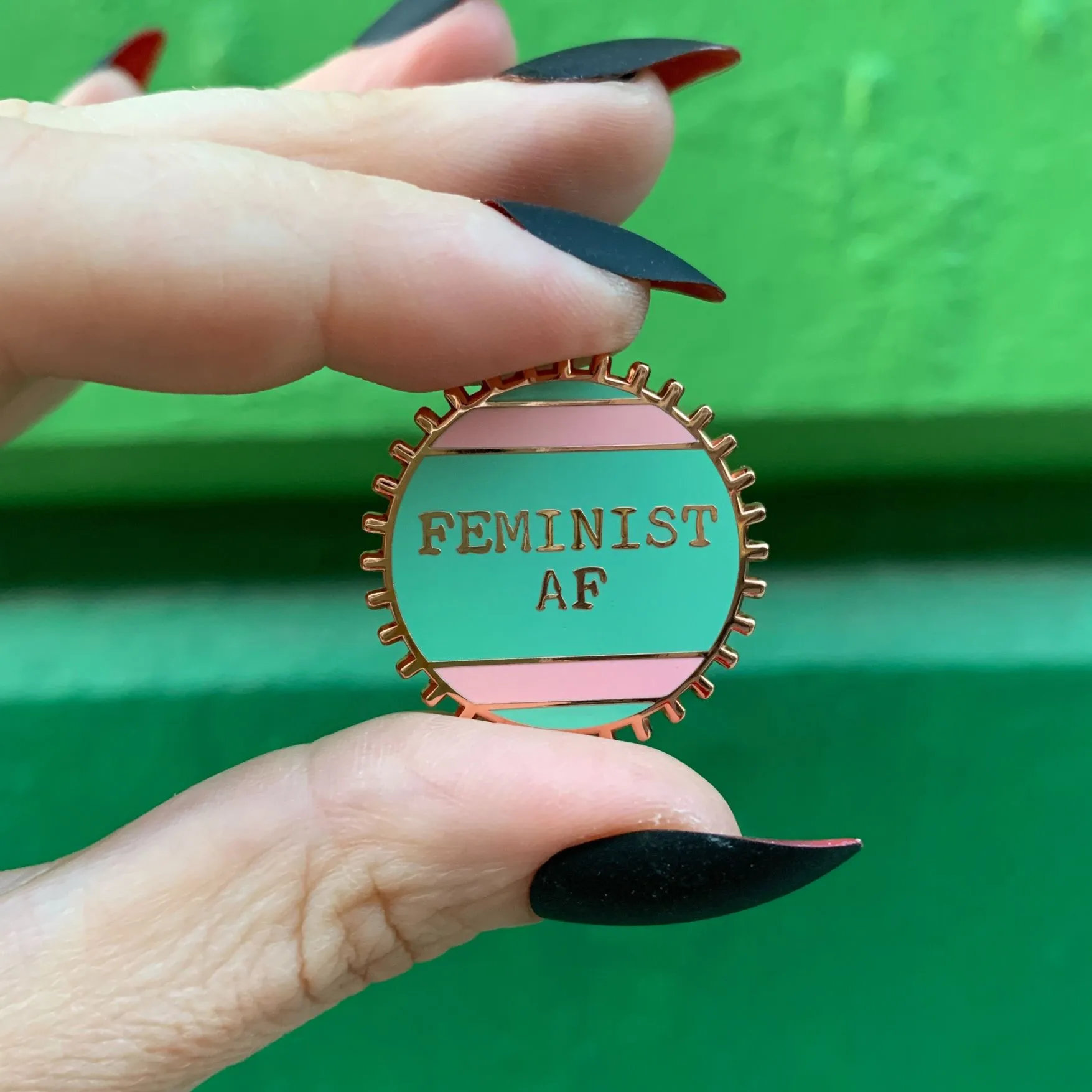 Feminist AF Pink and Green Stripes Enamel Pin on Gift Card