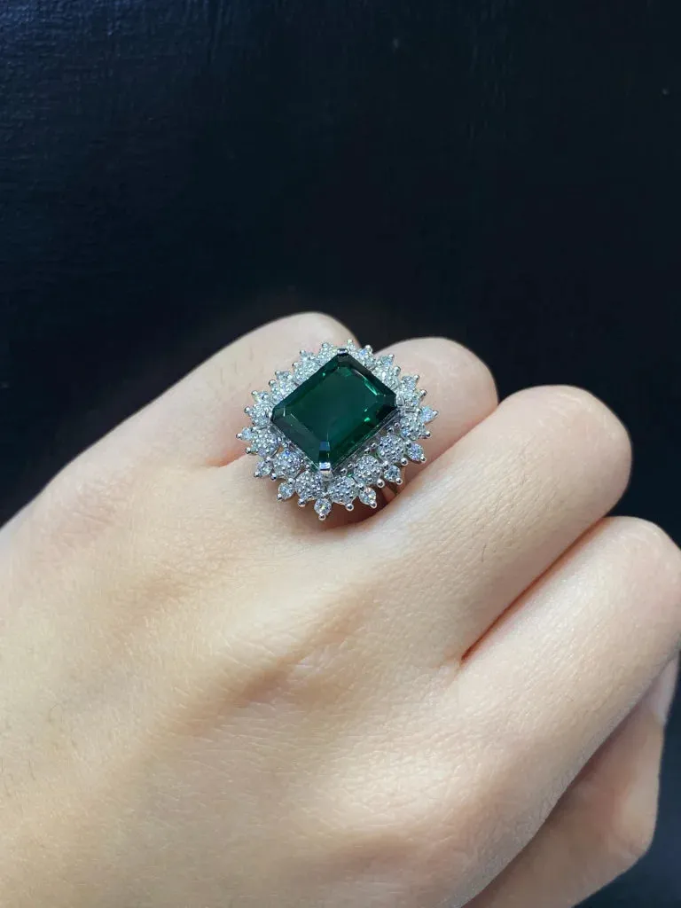 Floral Halo Paved Green Emerald Statement Gemstones Diamond Ring 14kt