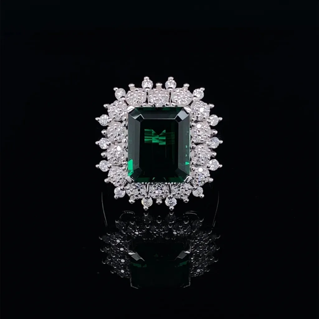 Floral Halo Paved Green Emerald Statement Gemstones Diamond Ring 14kt