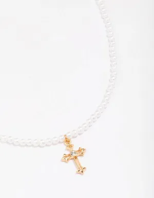 Gold Pearl Cross Pendant Necklace