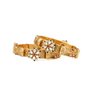 Gold Plated Kundan With Red Onyx Stone & Mulit Colour Pearls Bangles, Set of 2