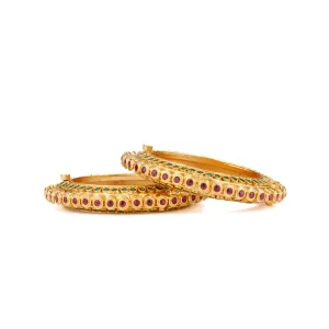 Gold Plated Red & Green Onyx Stone Studded Bangles, Set of 2