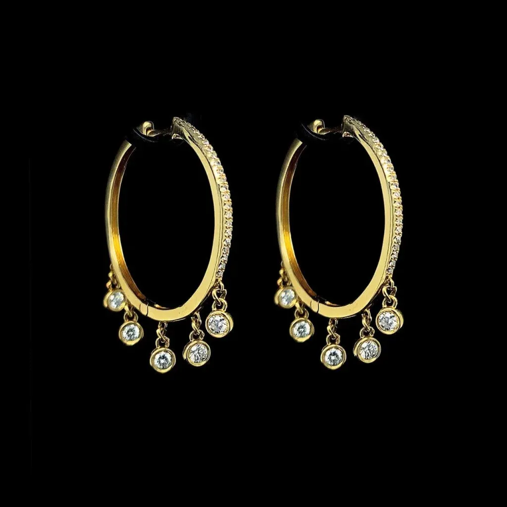 Golden Round Station Dangle Hoop Diamond Earrings 14kt