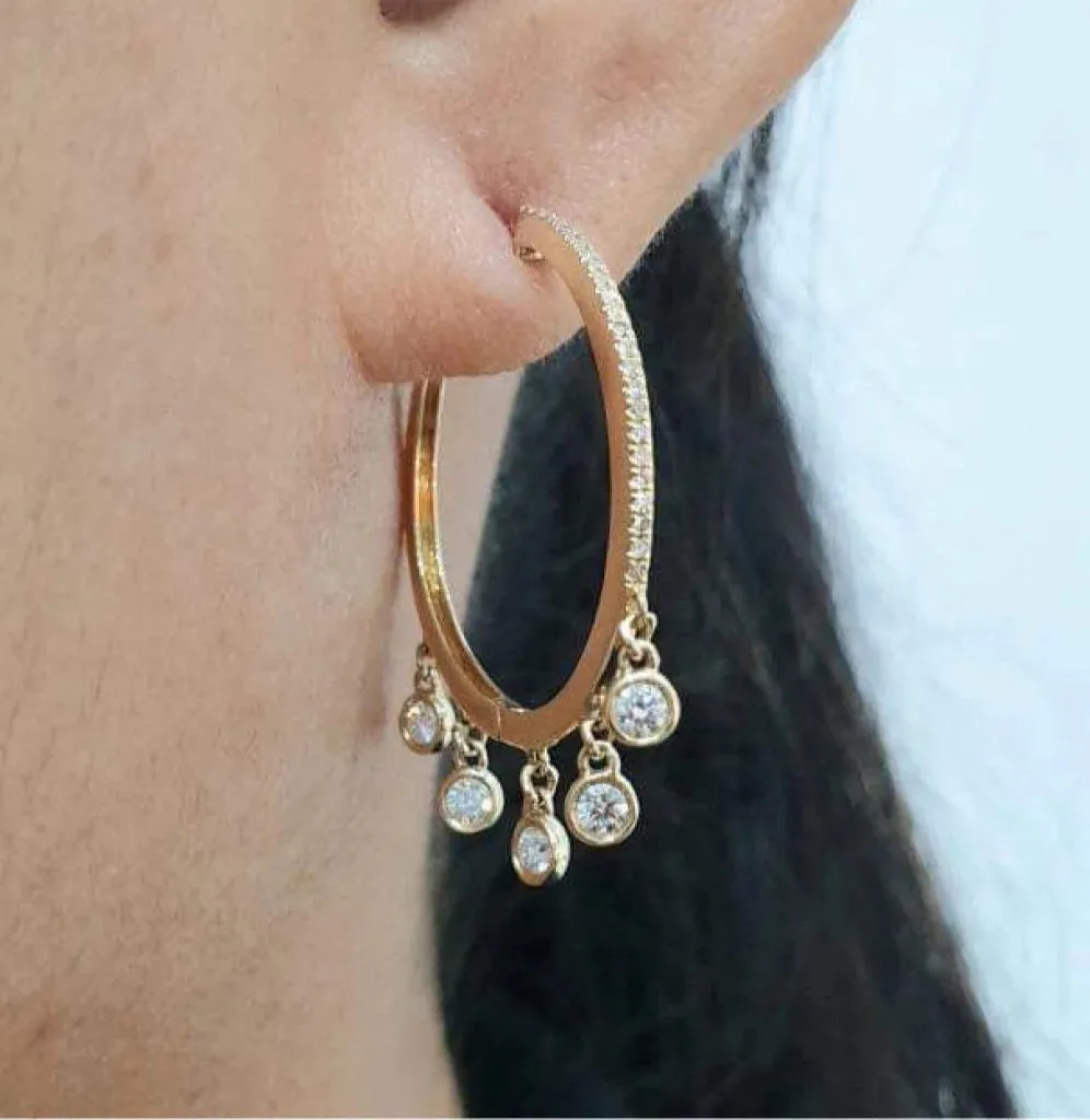 Golden Round Station Dangle Hoop Diamond Earrings 14kt