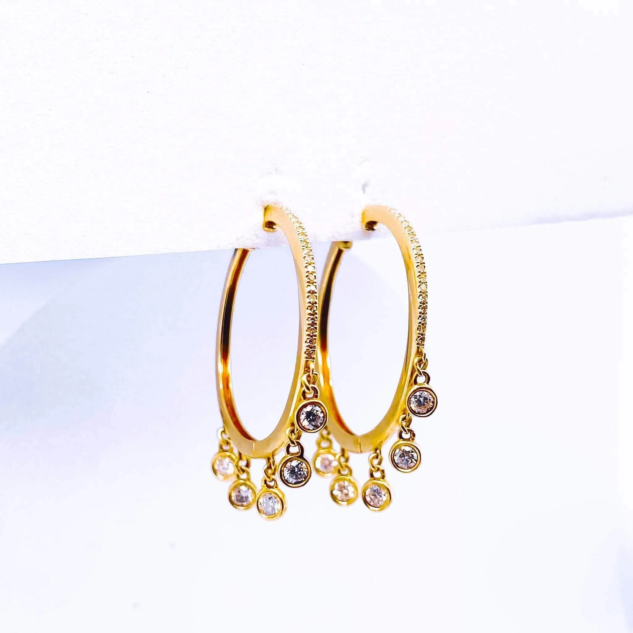 Golden Round Station Dangle Hoop Diamond Earrings 14kt