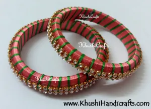 Grand Set of Designer Silk Bangles in Peach and Green