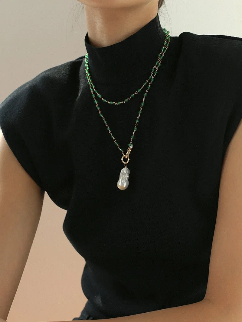 Green Onyx Baroque Pearl Necklace Multilayer Long Sweater Chain