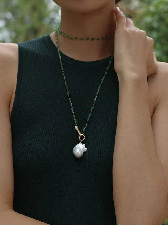 Green Onyx Baroque Pearl Necklace Multilayer Long Sweater Chain