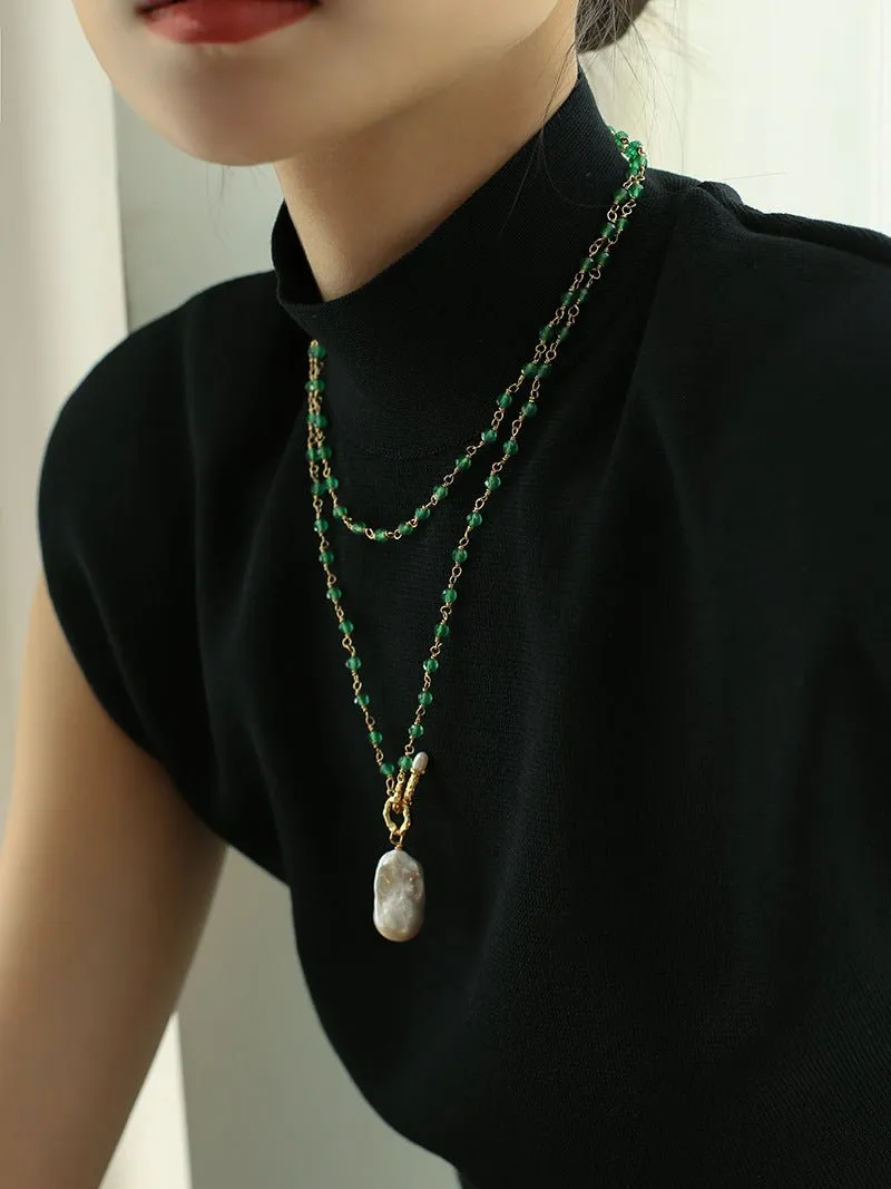 Green Onyx Baroque Pearl Necklace Multilayer Long Sweater Chain