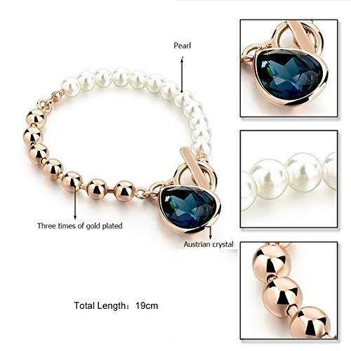 HOT AND BOLD Blue Pearl & Blue Austrian Crystal Charm Bracelet for Women