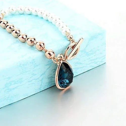 HOT AND BOLD Blue Pearl & Blue Austrian Crystal Charm Bracelet for Women