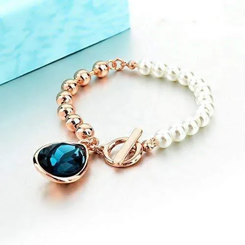 HOT AND BOLD Blue Pearl & Blue Austrian Crystal Charm Bracelet for Women