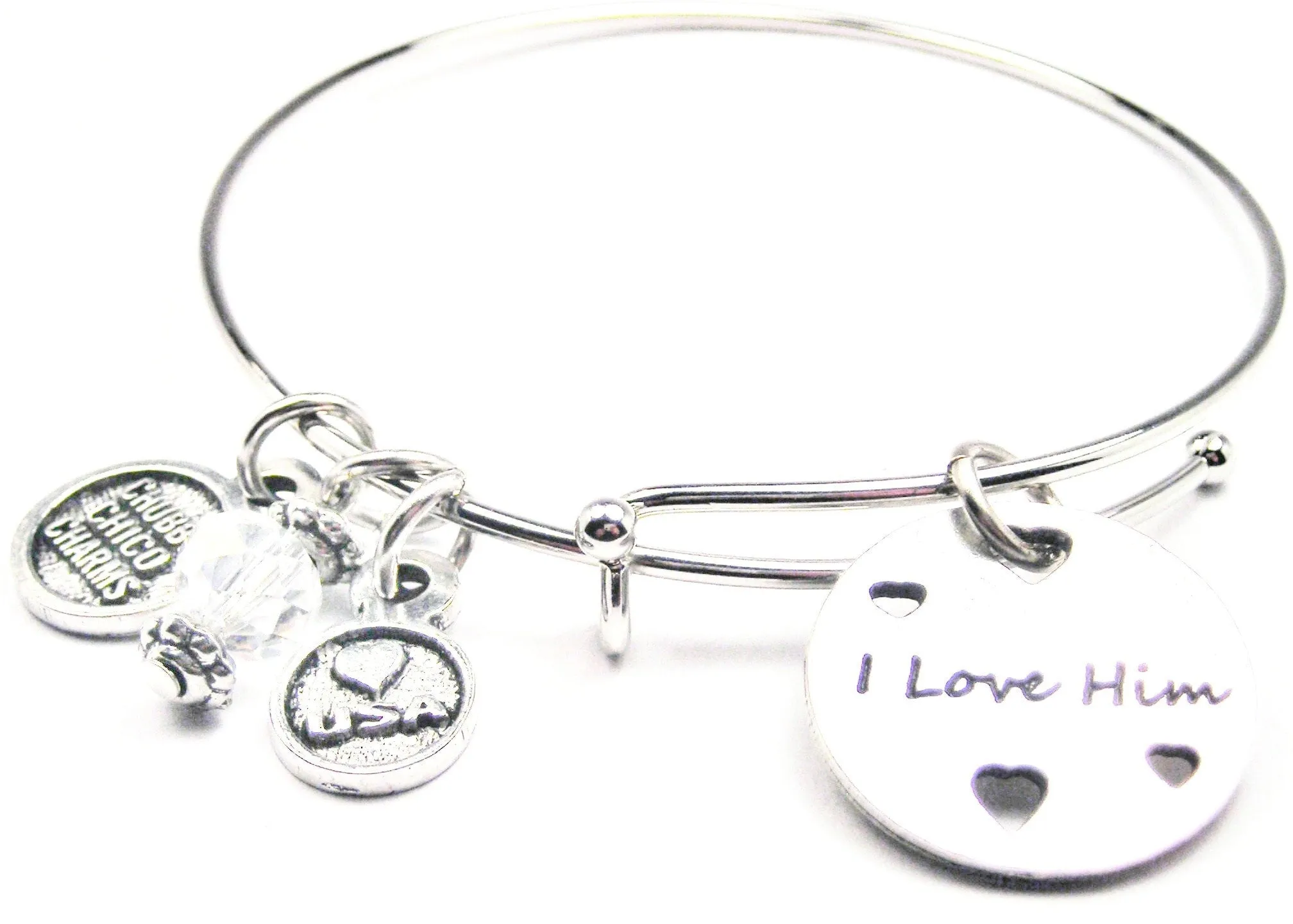 I Love Him With Hearts Expandable Bangle Bracelet