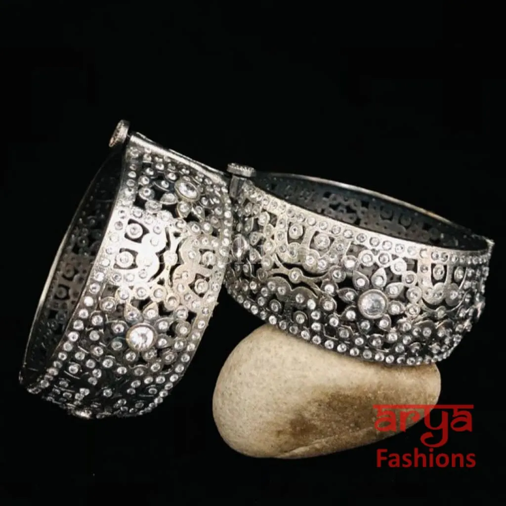 Jaipuri Jadau Tribal Silver Oxidized Bracelet Bangles with colored stones