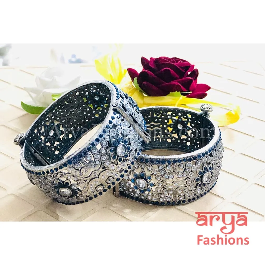 Jaipuri Jadau Tribal Silver Oxidized Bracelet Bangles with colored stones