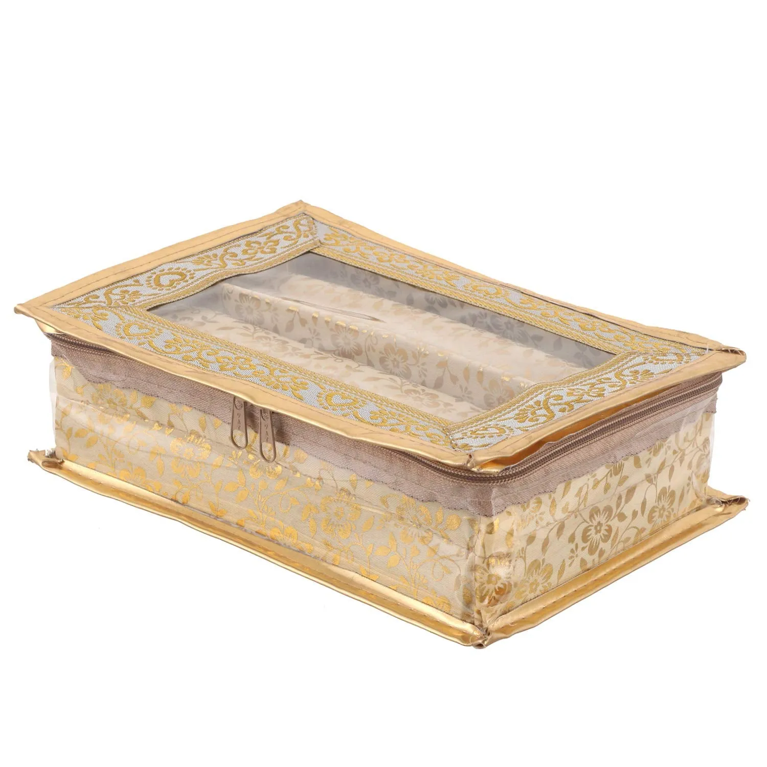 Kuber Industries Brocade Hardboard Two Rod Bangle Box (Gold)-CTKTC021161