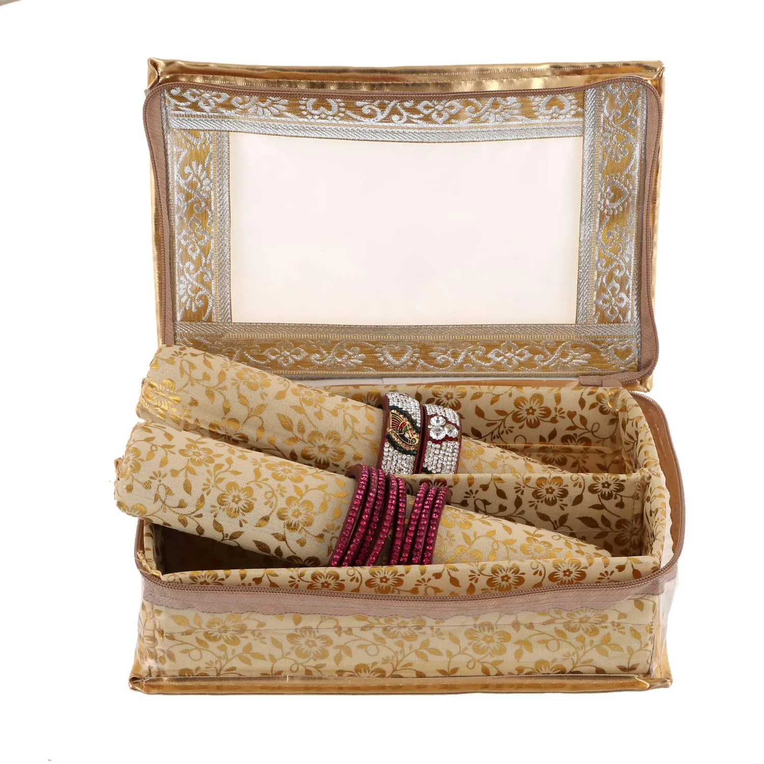 Kuber Industries Brocade Hardboard Two Rod Bangle Box (Gold)-CTKTC021161