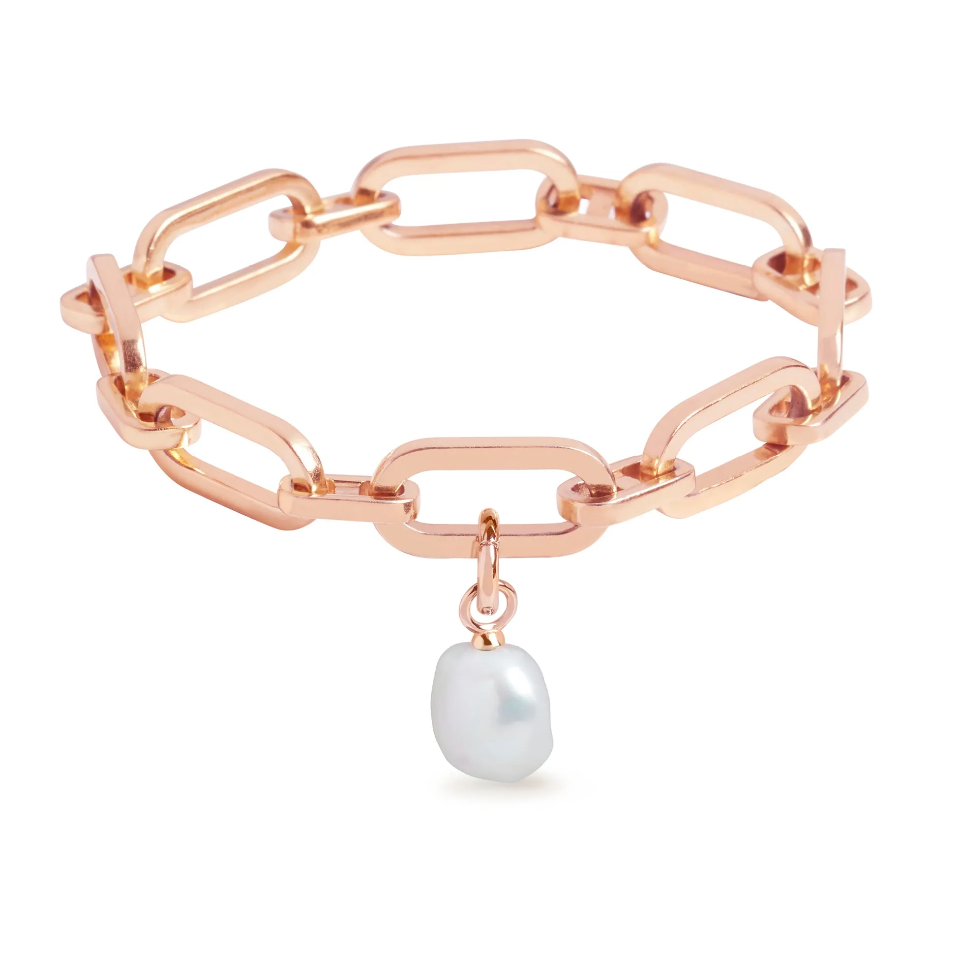 Link Chain Bracelet and Baroque Pearl Charm Rose Gold Set