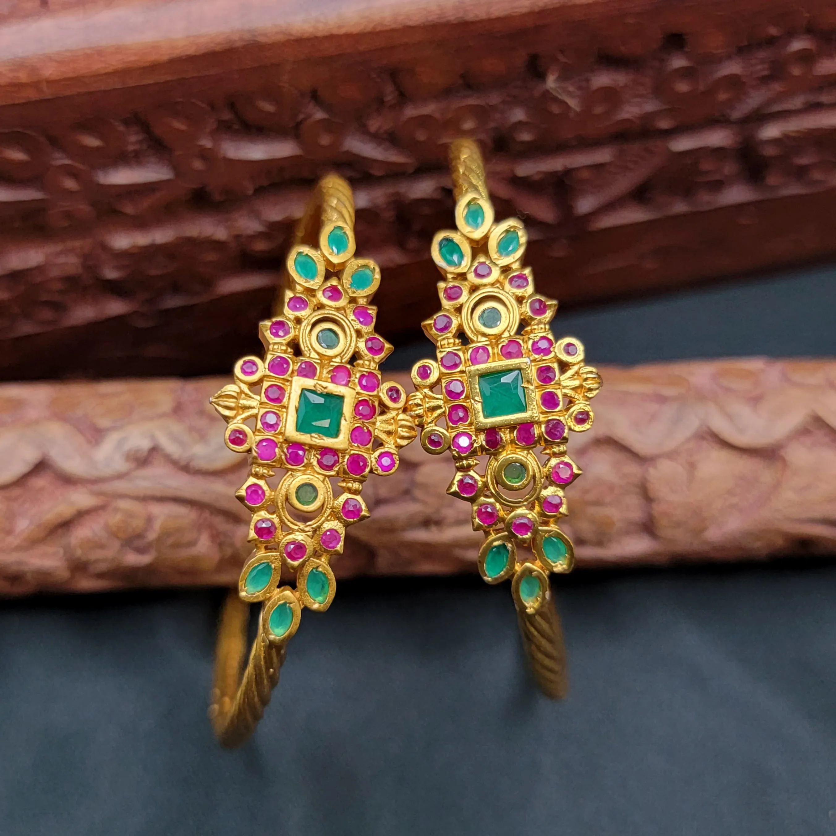 Matte Antique Gold Kada Bangle with Ruby red and Green Stone