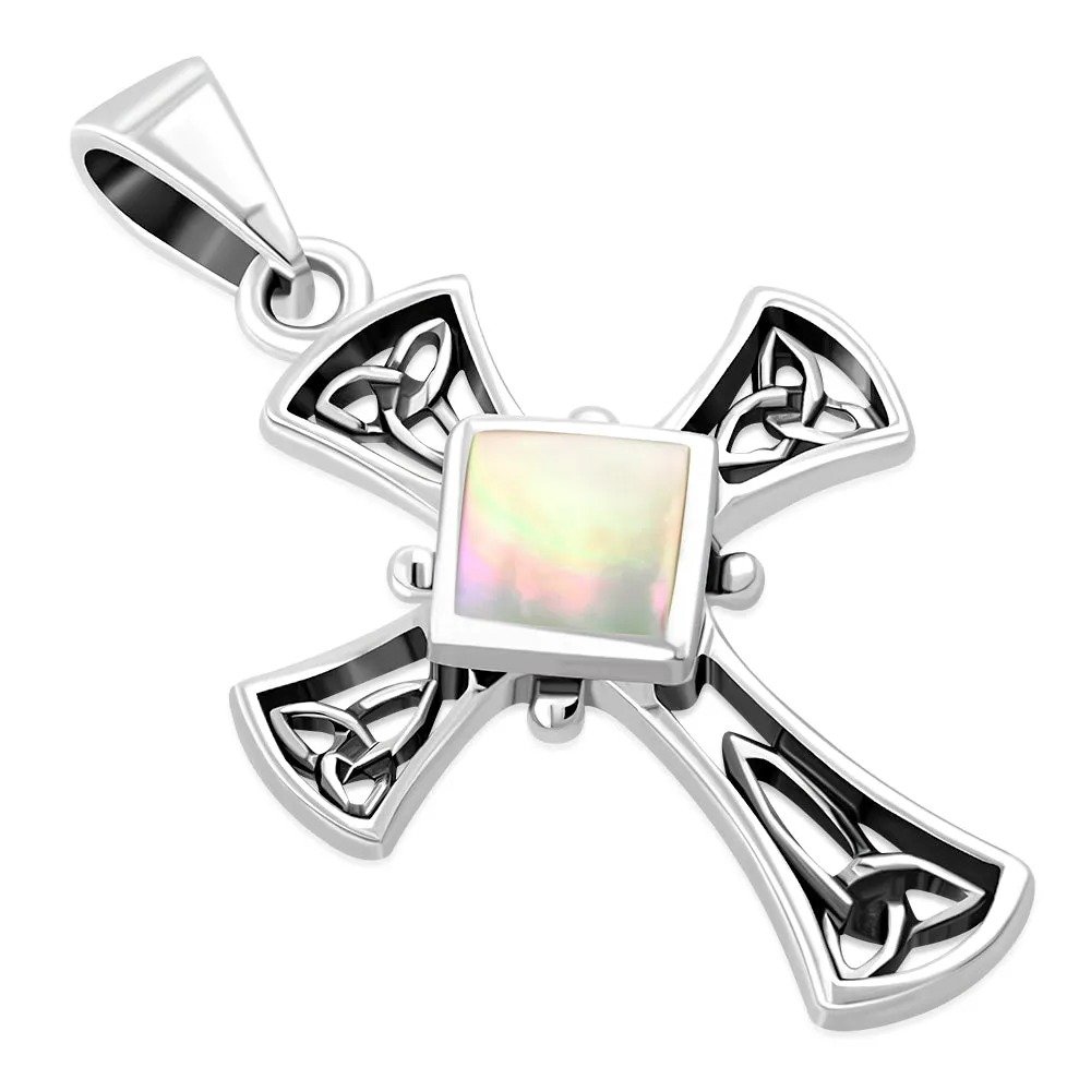 Mother Of Pearl Shell Celtic Irish Trinity Knot Cross Silver Pendant