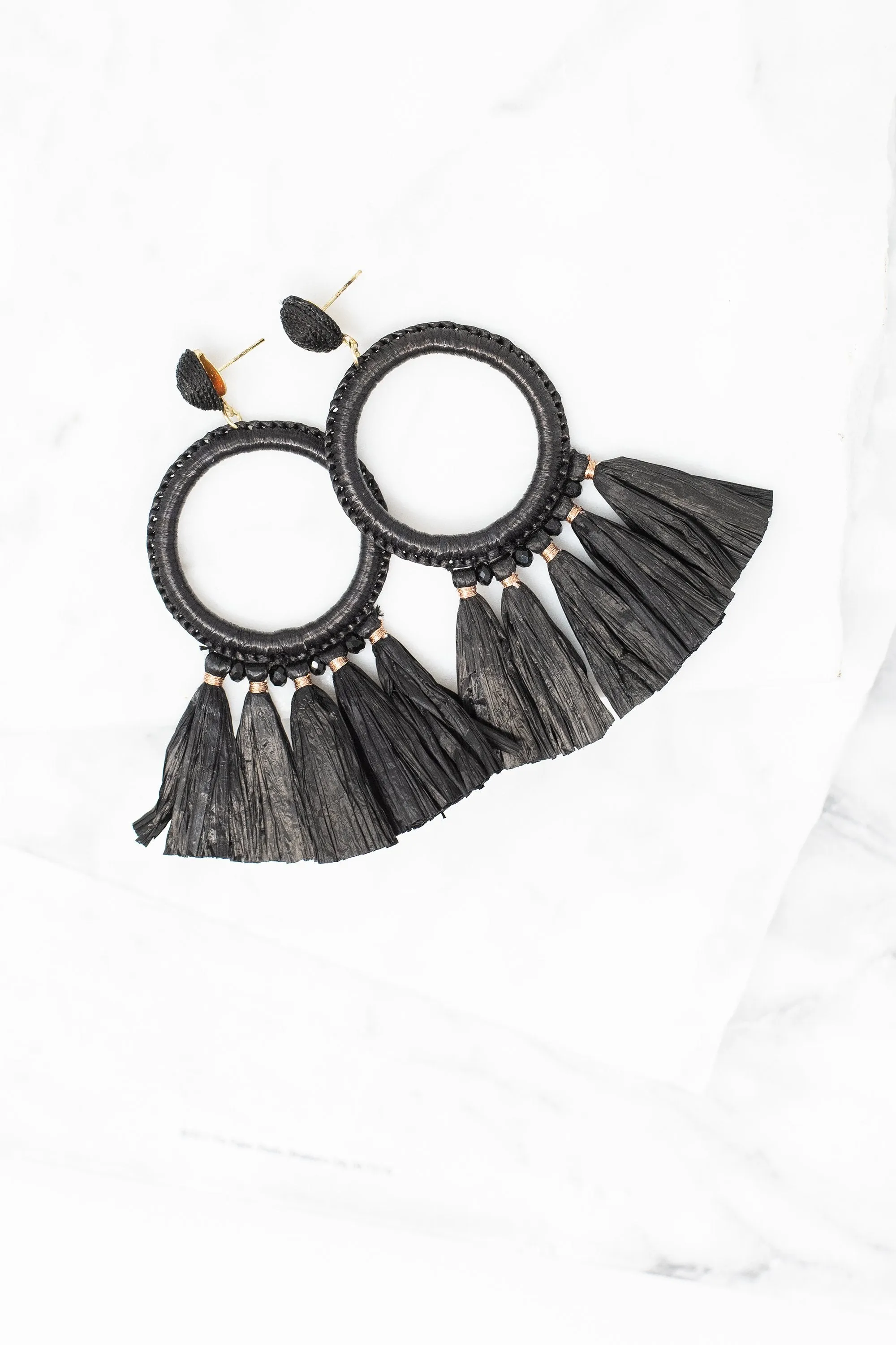 Mud Pie: Raffia Black Tassel Earrings