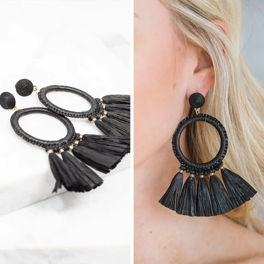 Mud Pie: Raffia Black Tassel Earrings